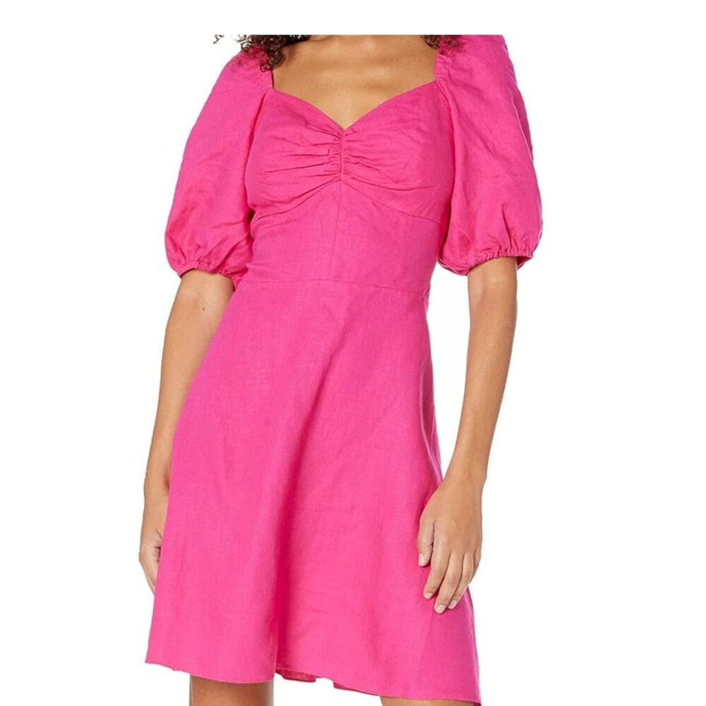 THE DROP Women's Nala Twist-Front Linen Mini Dress Sz: XS Hot Pink